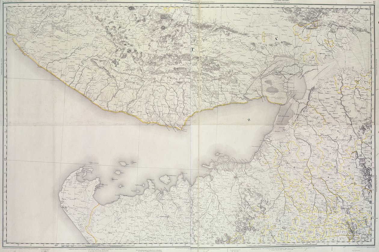 Kart over Cutch og Kathiawar, publisert under ledelse av oberst G.C. de Pree, S.C., Indias landmåler, 1885 av English School