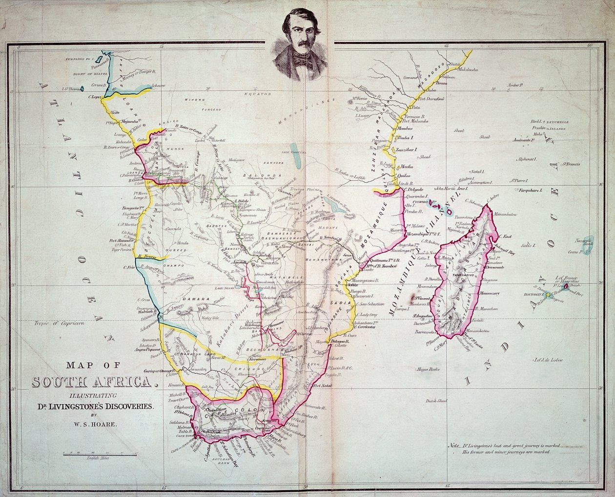 Kart over Sør-Afrika som illustrerer Dr. Livingstones funn av English School