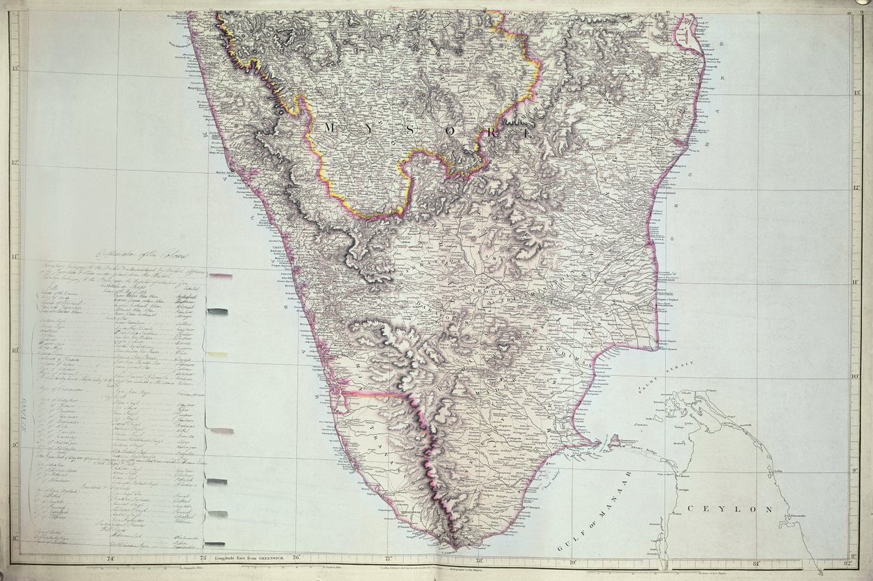 Kart over Sør-India, 1816 (håndfarget gravering) av English School