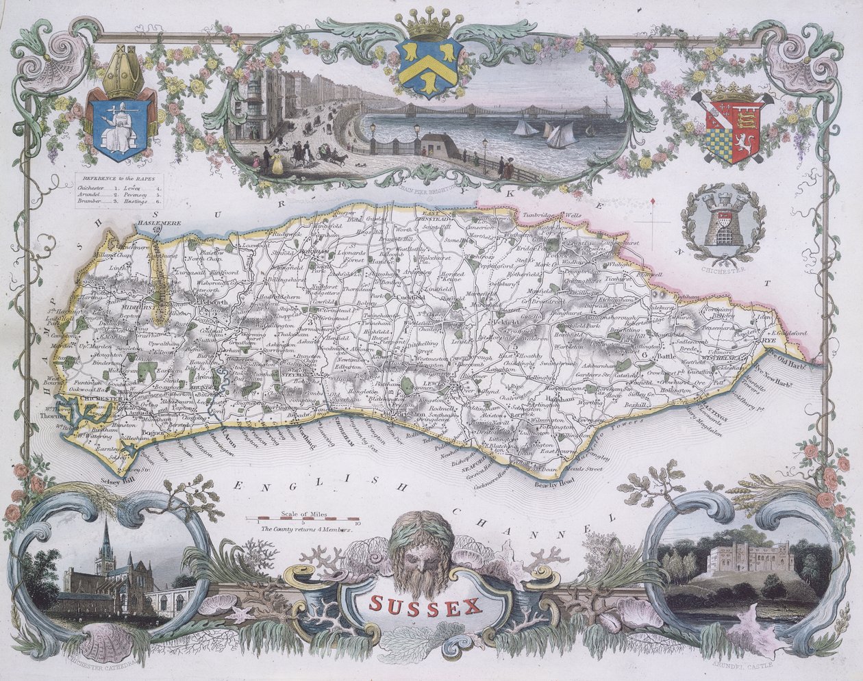 Kart over Sussex (fargegravering) av English School