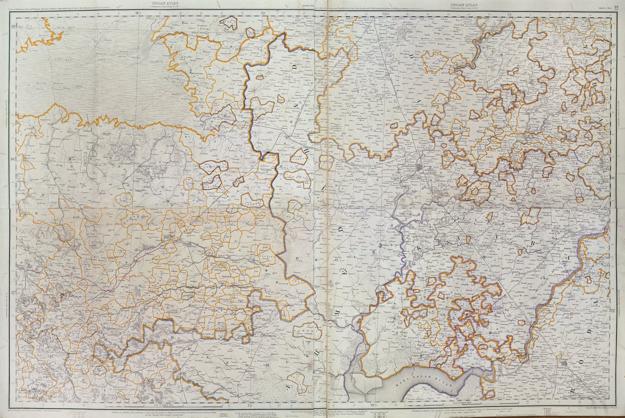 Kart over Gujarat-staten India, publisert under ledelse av oberst J.T. Walker, C.B., R.E., F.R.S., Surveyor General of India, 1879 av English School