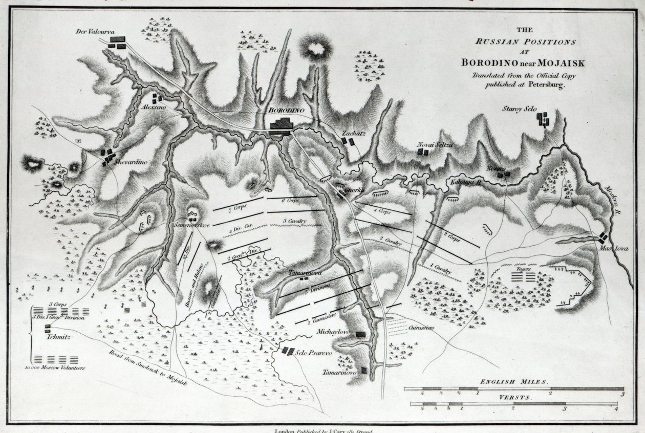 Kart som viser de russiske posisjonene i slaget ved Borodino, ca. 1812 av English School