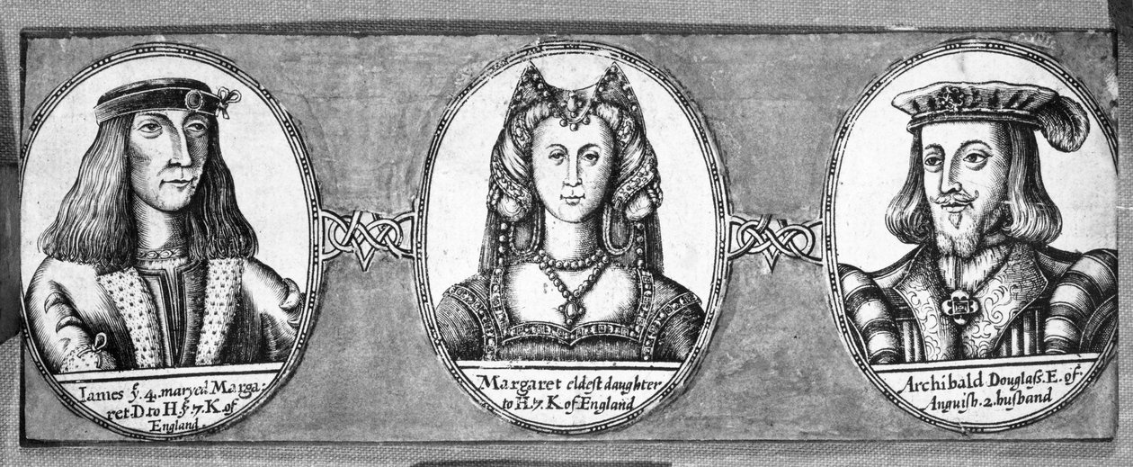 Margaret Tudor med to av ektemennene hennes, James IV og Archibald Douglas av English School