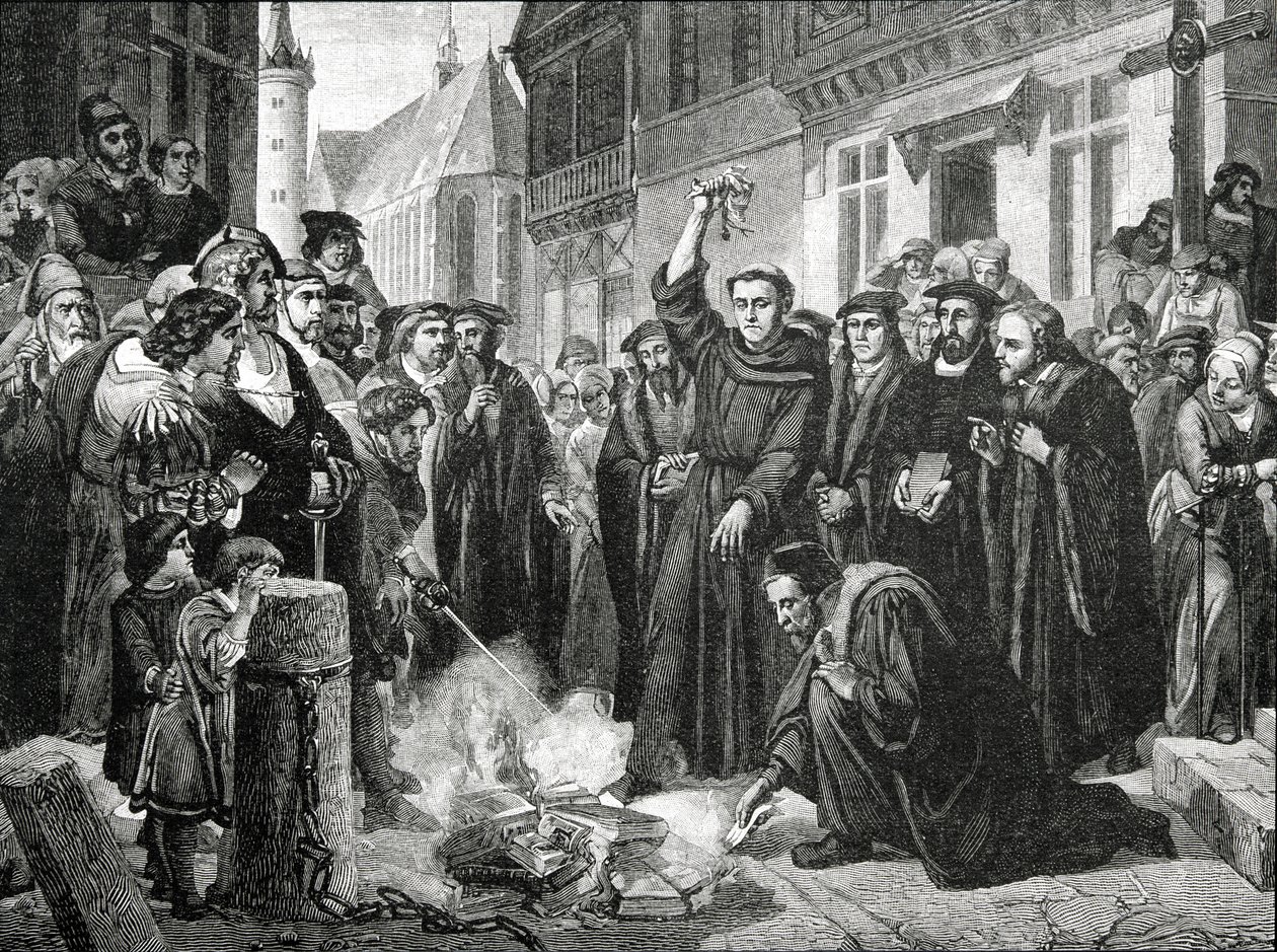 Martin Luther (1483-1546) Offentlig brenning av pavens okse i 1521 av English School