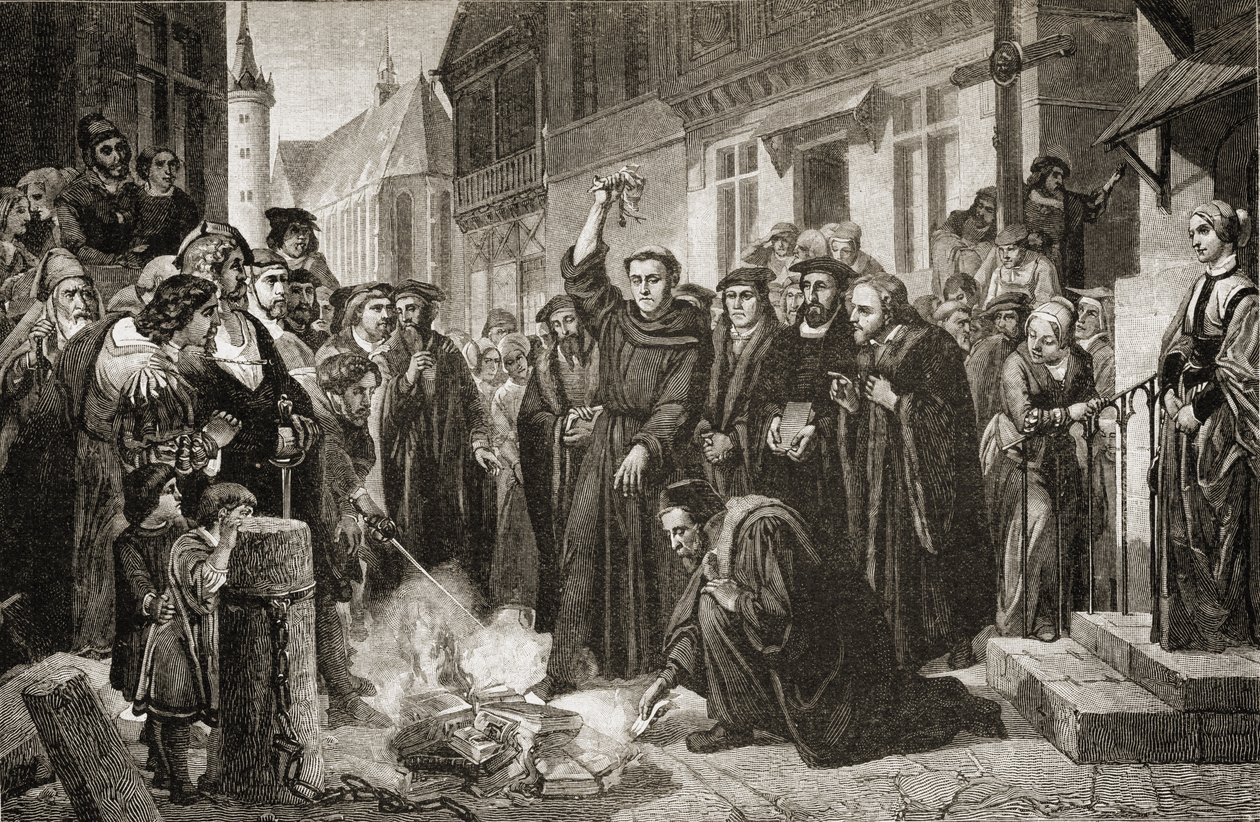Martin Luther (1483-1556) brenner den pavelige oksen i 1520 av English School