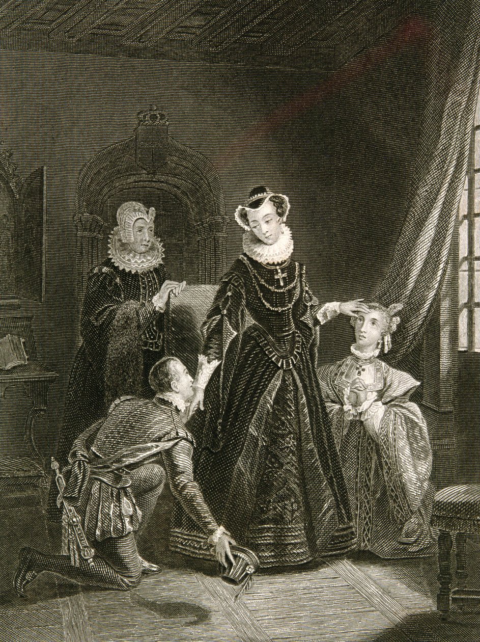 Mary, Queen of Scots (1542-87) i selskap med hoffmenn av English School