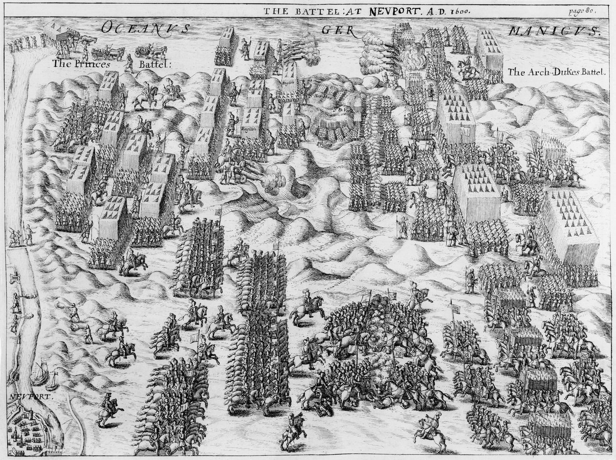 Maurice beseirer østerrikerne i slaget ved Nieuport, 1600 av English School