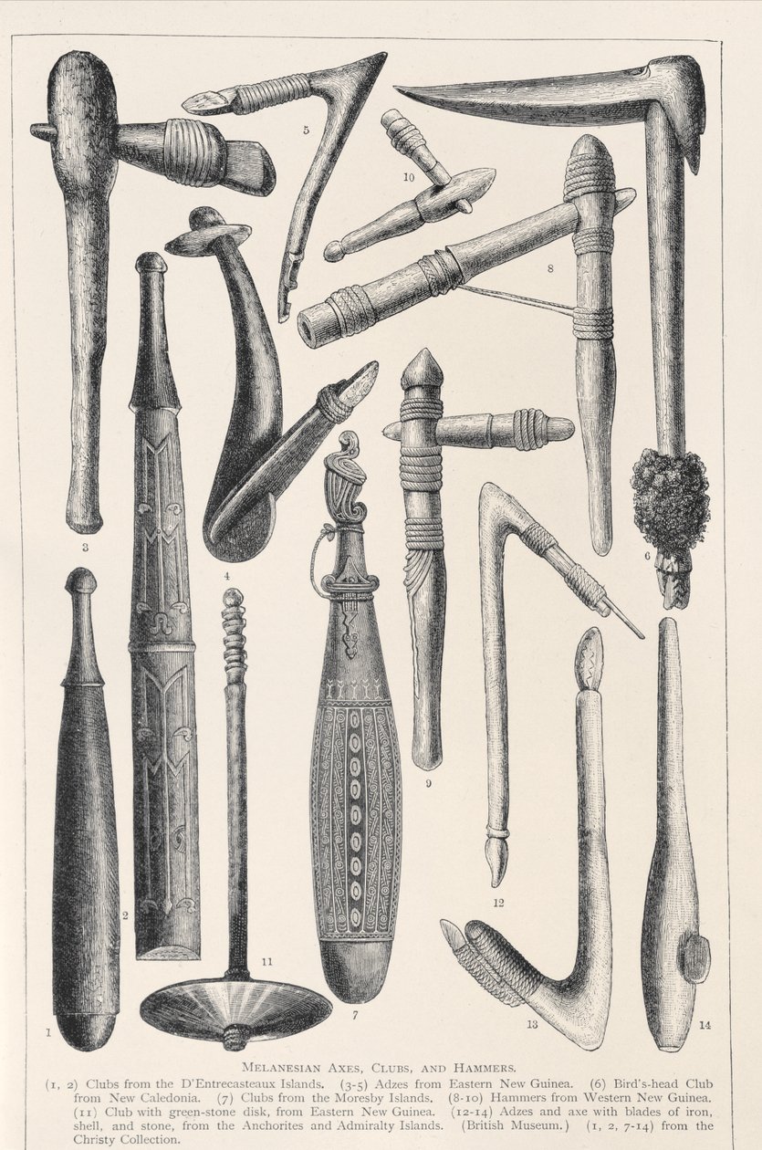 Melanesiske økser, køller og hammere, fra The History of Mankind, Vol.1, av Prof. Friedrich Ratzel, 1896 av English School