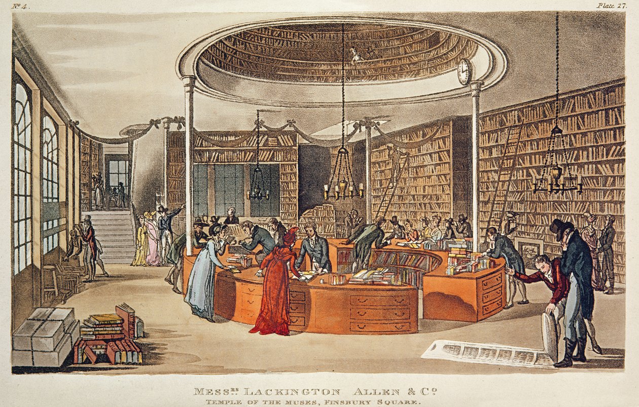 Mrs. Lackington, Allen und Co. Musenes tempel, Finsbury Square, London, 1809 (håndfarget etsning med akvatint) av English School