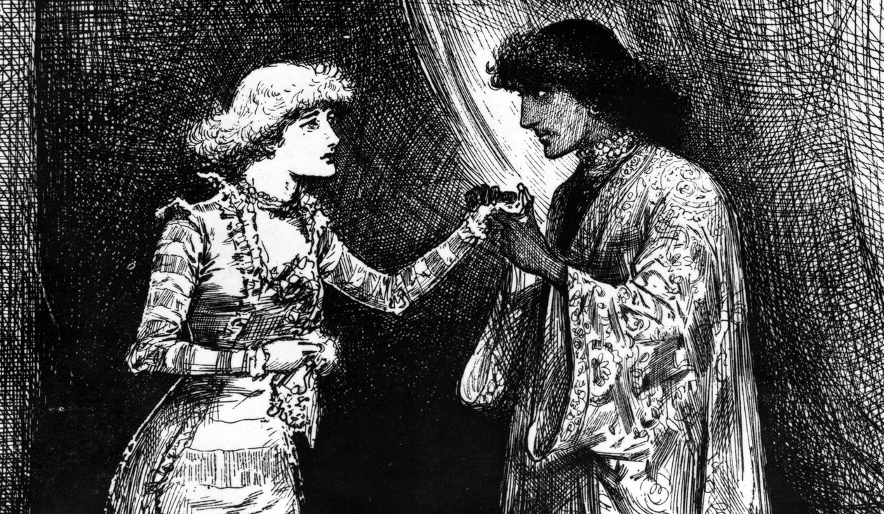 Frøken Ellen Terry som Desdemona og Mr. Irving som Othello av English School