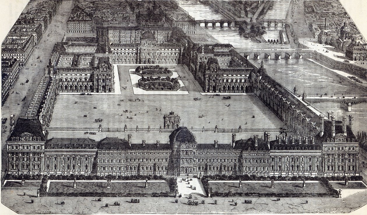 Moderne utsikt over Tuileriene og Louvre, Paris, 1845 av English School