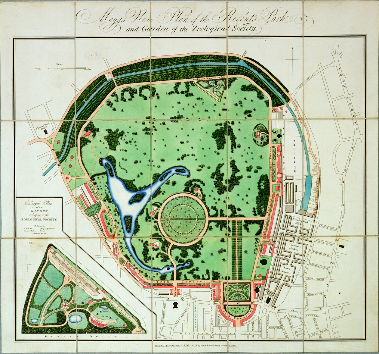 Moggs nye plan for Regents Park and Garden of the Zoological Society, pub. av Edward Mogg, 1828 av English School