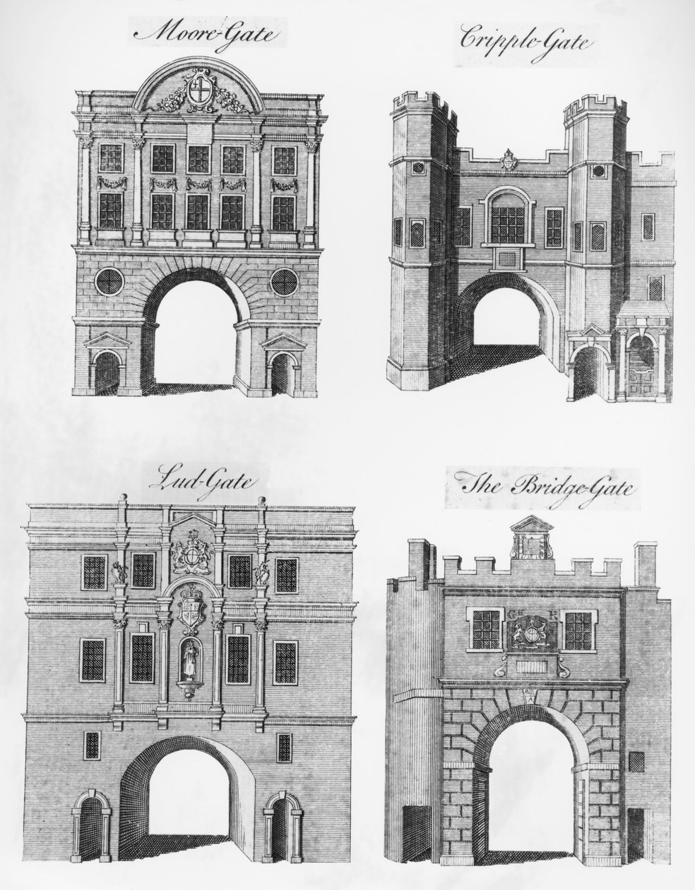 Moorgate, Cripplegate, Ludgate og The Bridgegate av English School