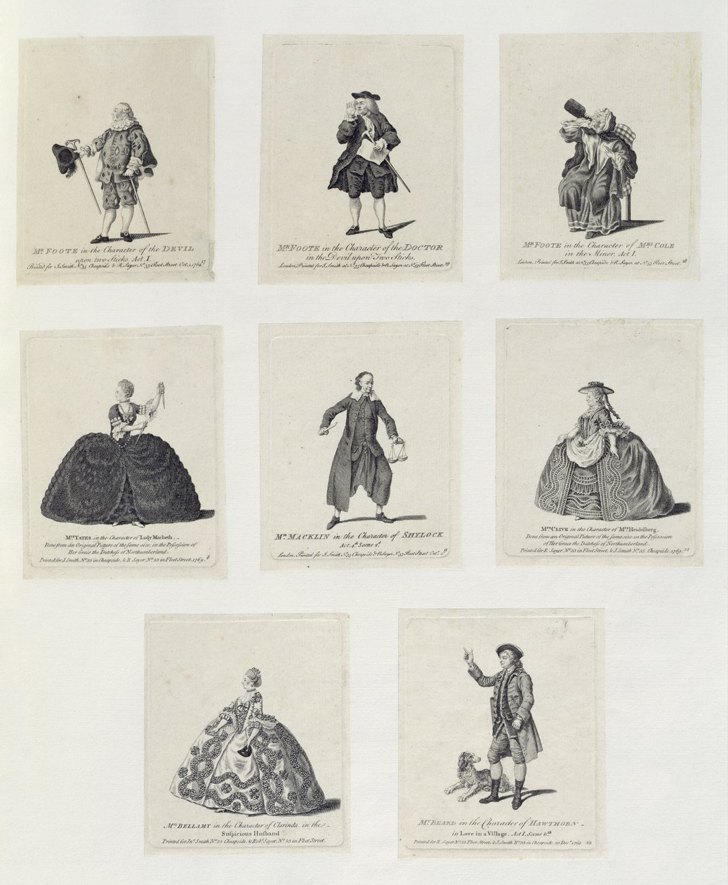 Mr Foote i karakteren til djevelen i The Devil Upon Two Sticks (akt I); Mr Foote i karakteren til doktoren i The Devil Upon Two Sticks; Mr Foote i karakteren til Mrs Cole i The Minor (A av English School