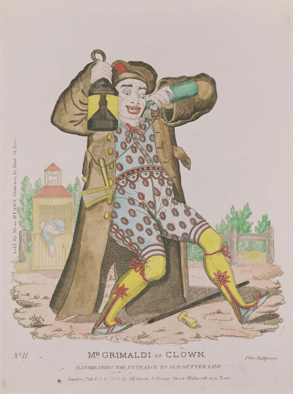 Mr Grimaldi som klovn, lyser opp inngangen til Old Gutter Lane, pub. 1833 av English School