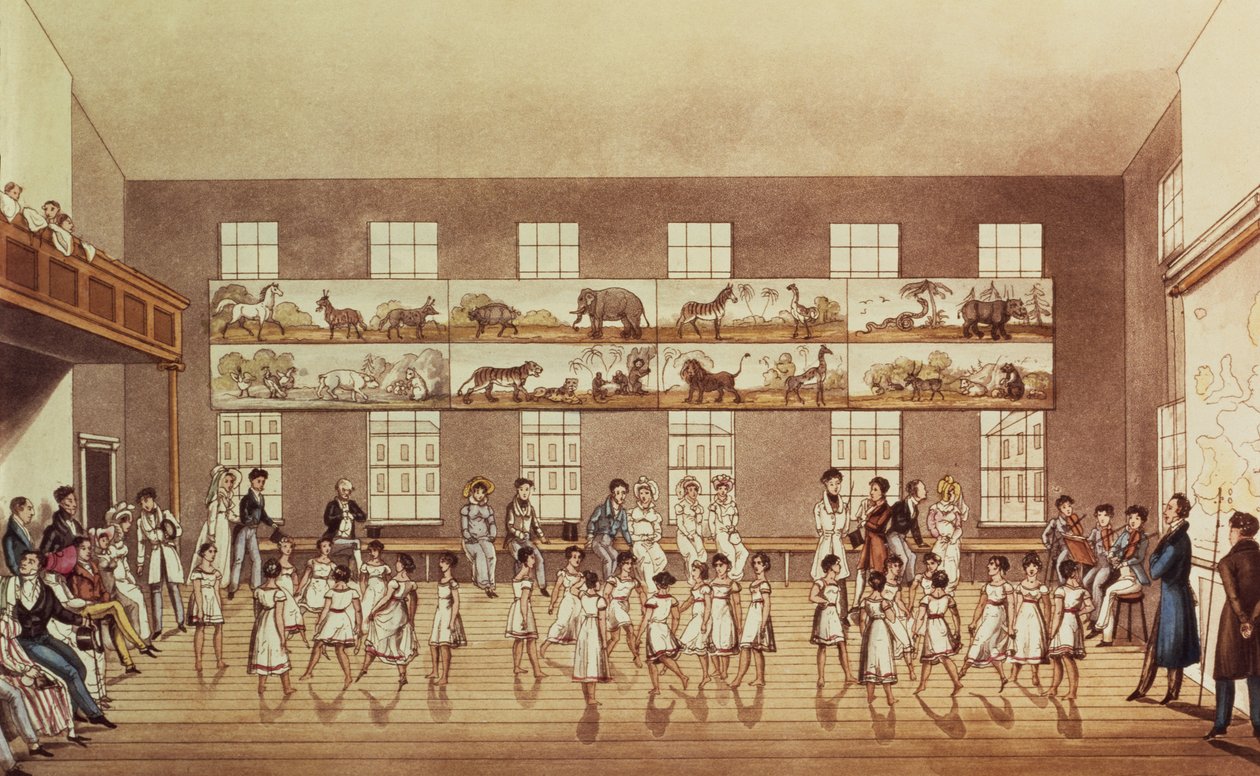 Mr Owens Institution, New Lanark (Quadrille Dancing), gravert av George Hunt, pub. 1825 av English School