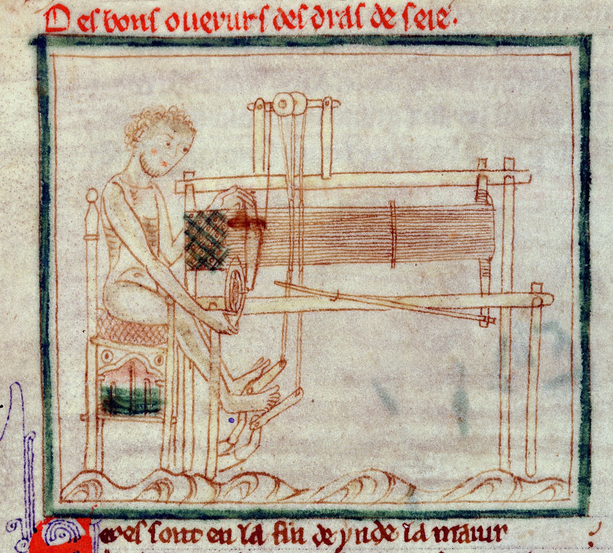 Ms 0.9.34 fol.32v Treadle Loom, fra Romance of Alexander, 1250 av English School