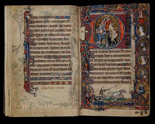 Ms 1-2005, ff.76v-77r: David and the fool, historisk initial fra Macclesfield Psalter, Use of Sarum, East Anglia, ca. 1330 av English School