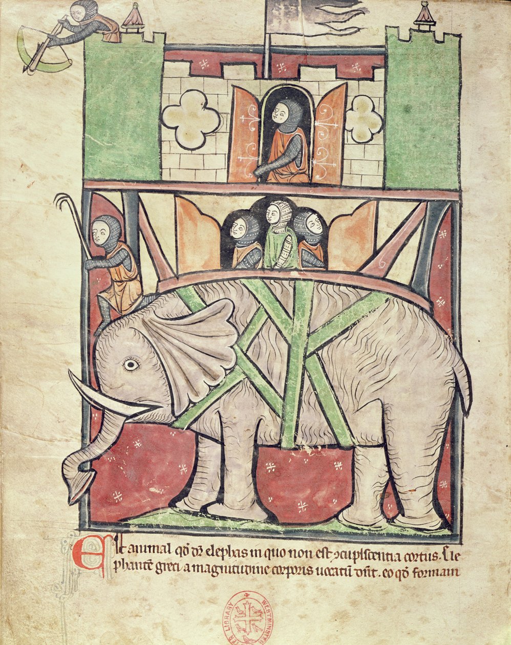 Ms 22 f.26v Elephant bærer en howdah full av soldater, fra Westminster Abbey Bestiary, ca. 1270-90 av English School