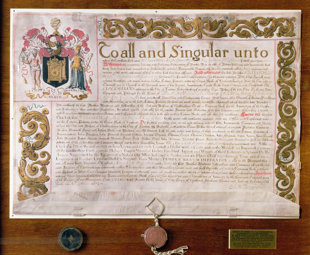 Ms 3970 Grant of Arms to the Clockmakers Company, av Edward Walker, Garter King at Arms, 1671-72 av English School