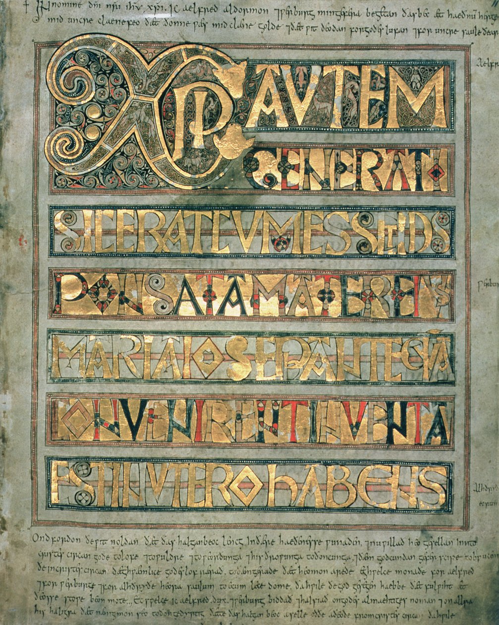Ms A 135 f.11r Opplyst tekst, startside `Xpi til St. Matteus, fra Stockholm Codex Aureus, ca. 750 av English School