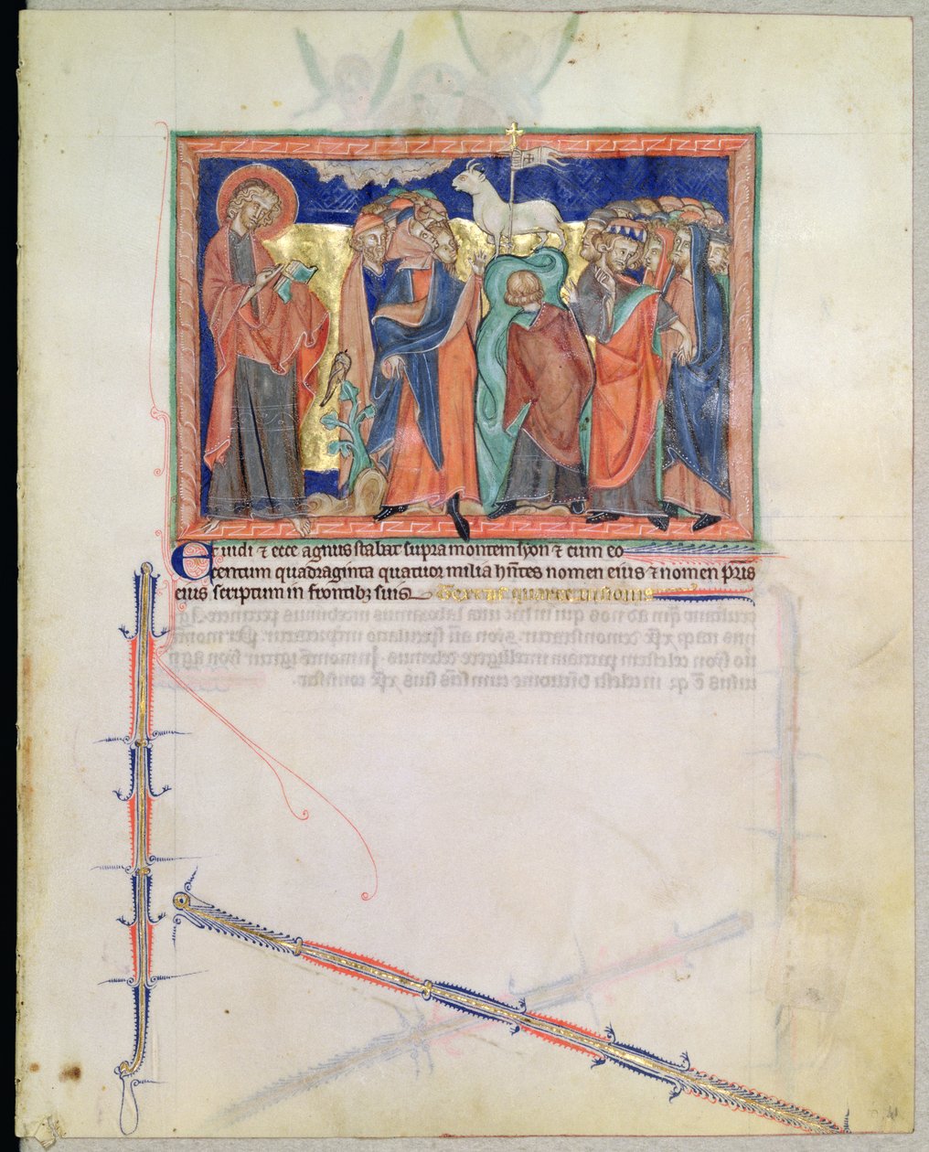 Ms L.A. 139-Lisboa fol.41 St. Johannes evangelisten ser på hundre og førti-fire tusen tilbe Lammet på Sions fjell, fra Gulbenkian Apocalypse, ca. 1265-70 av English School