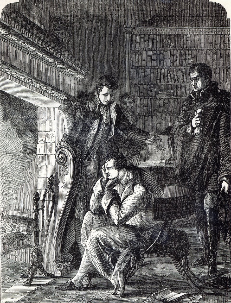 Napoleon grubler ved bålet natten før hans abdikasjon og avgang fra Fontainebleau 20. april 1814 av English School