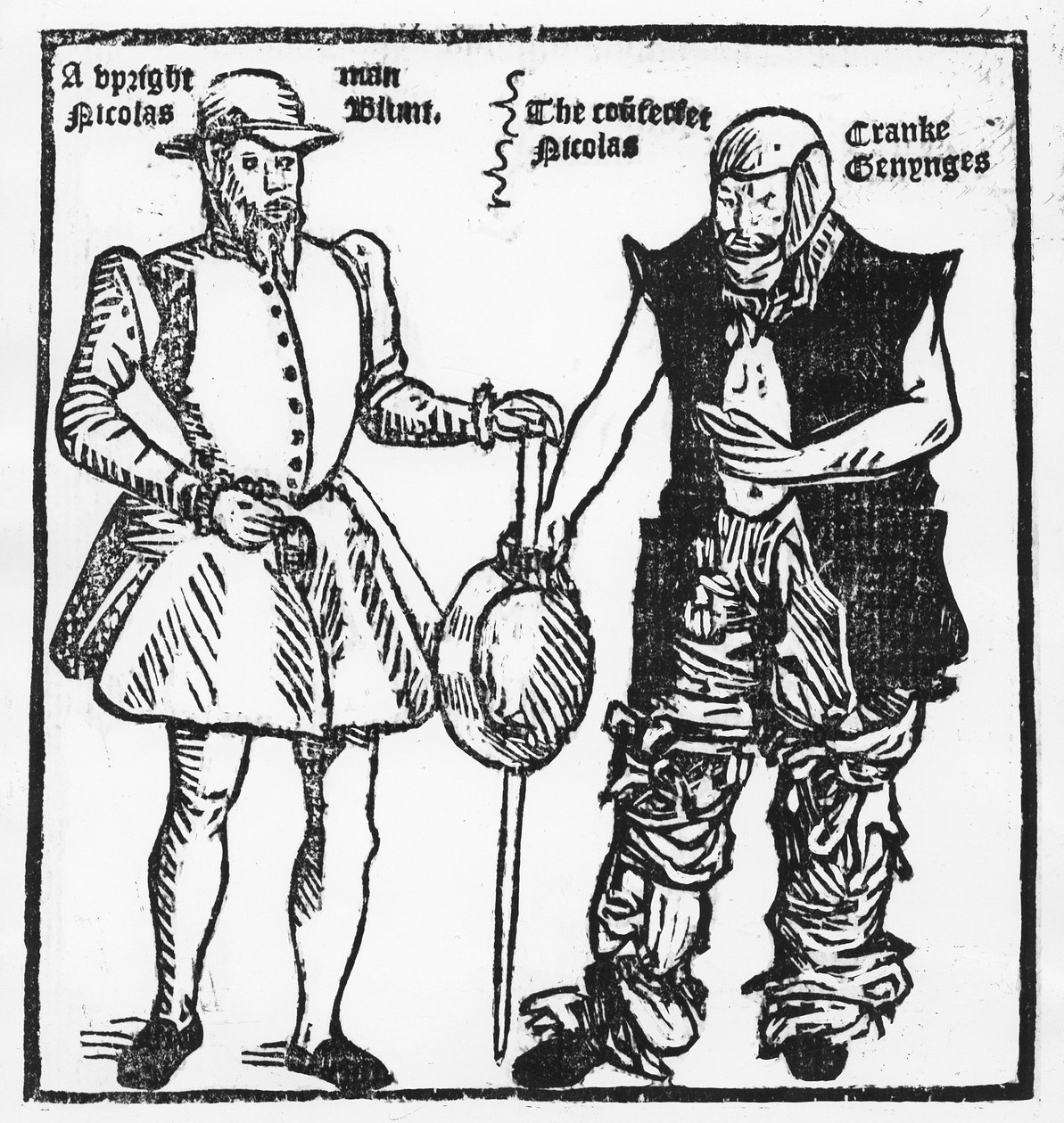 Nicholas Jennings i form både som en krøpling og en gjengleder, fra "Groundworke of Conycatching" fra 1600-tallet av English School