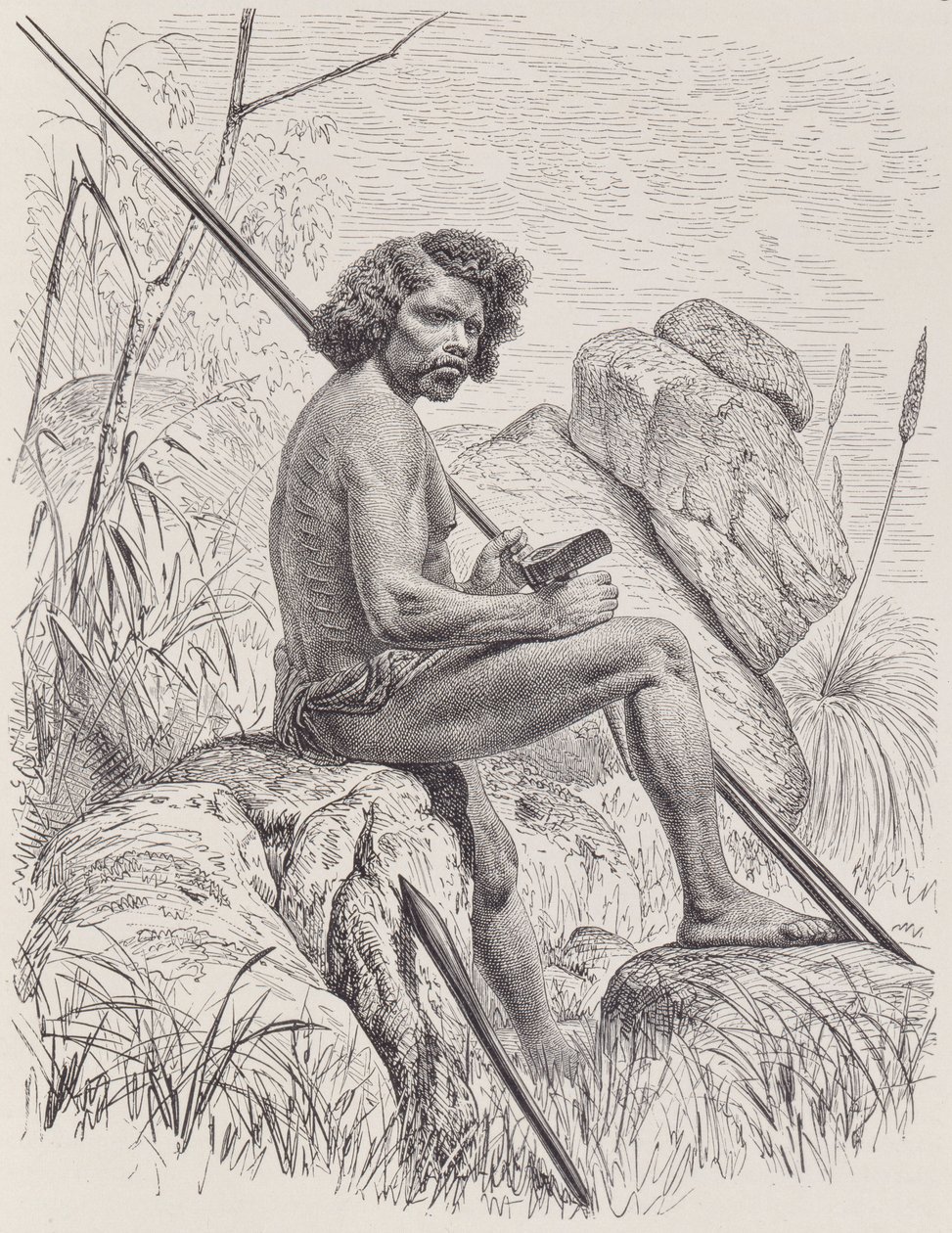 Nord-australsk med spyd, øks og køller, fra The History of Mankind, Vol.1, av Friedrich Ratzel, 1896 av English School