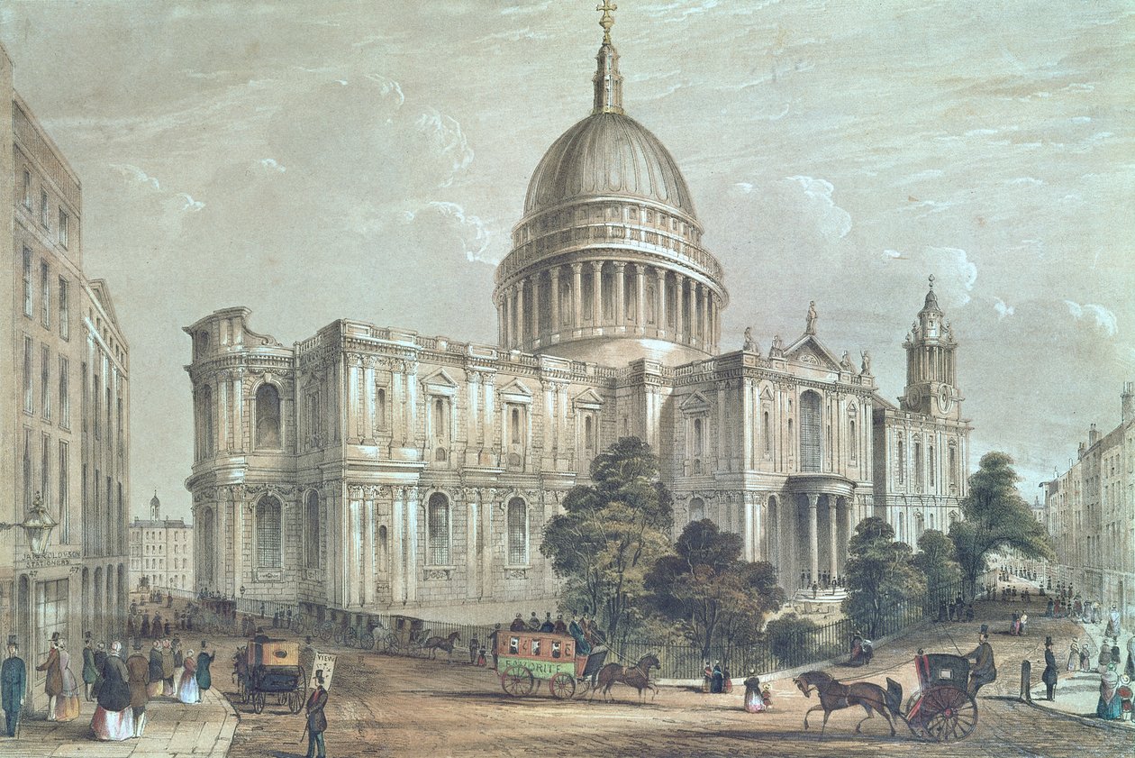 Nordøstutsikt over St. Pauls Cathedral, ca. 1850 av English School