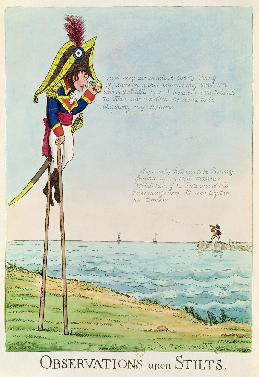 Observations Upon Stilts, karikatur av Napoleon som står på stylter og observerer Pitt og England over kanalen av English School