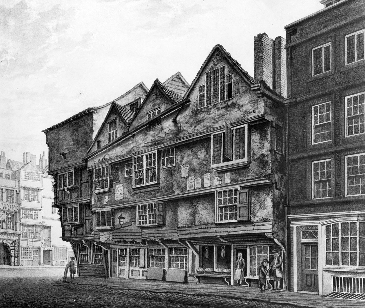 Gamle hus og butikkfronter på Chancery Lane, London, 1798 av English School
