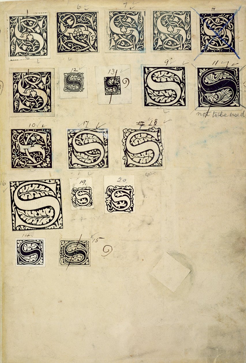 Side fra en prøvebok med prøvetrykkbokstaver, fra Kelmscott Press (treblokktrykk) av English School