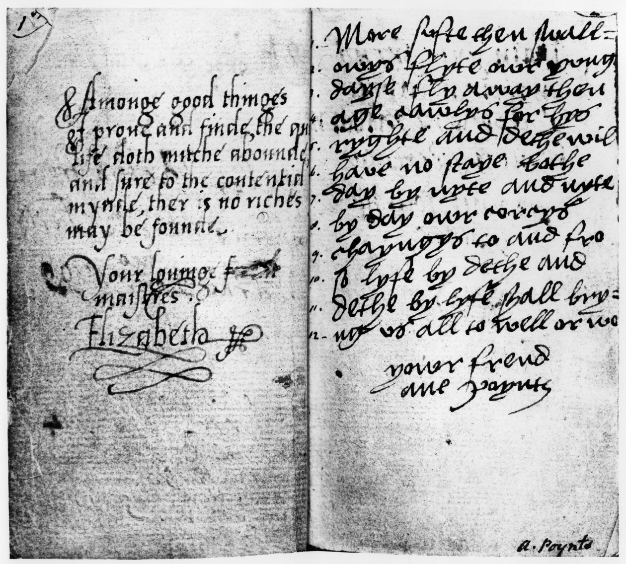 Side med manuskript som viser signaturen til dronning Elizabeth I (1533-1603) (blekk på papir) av English School