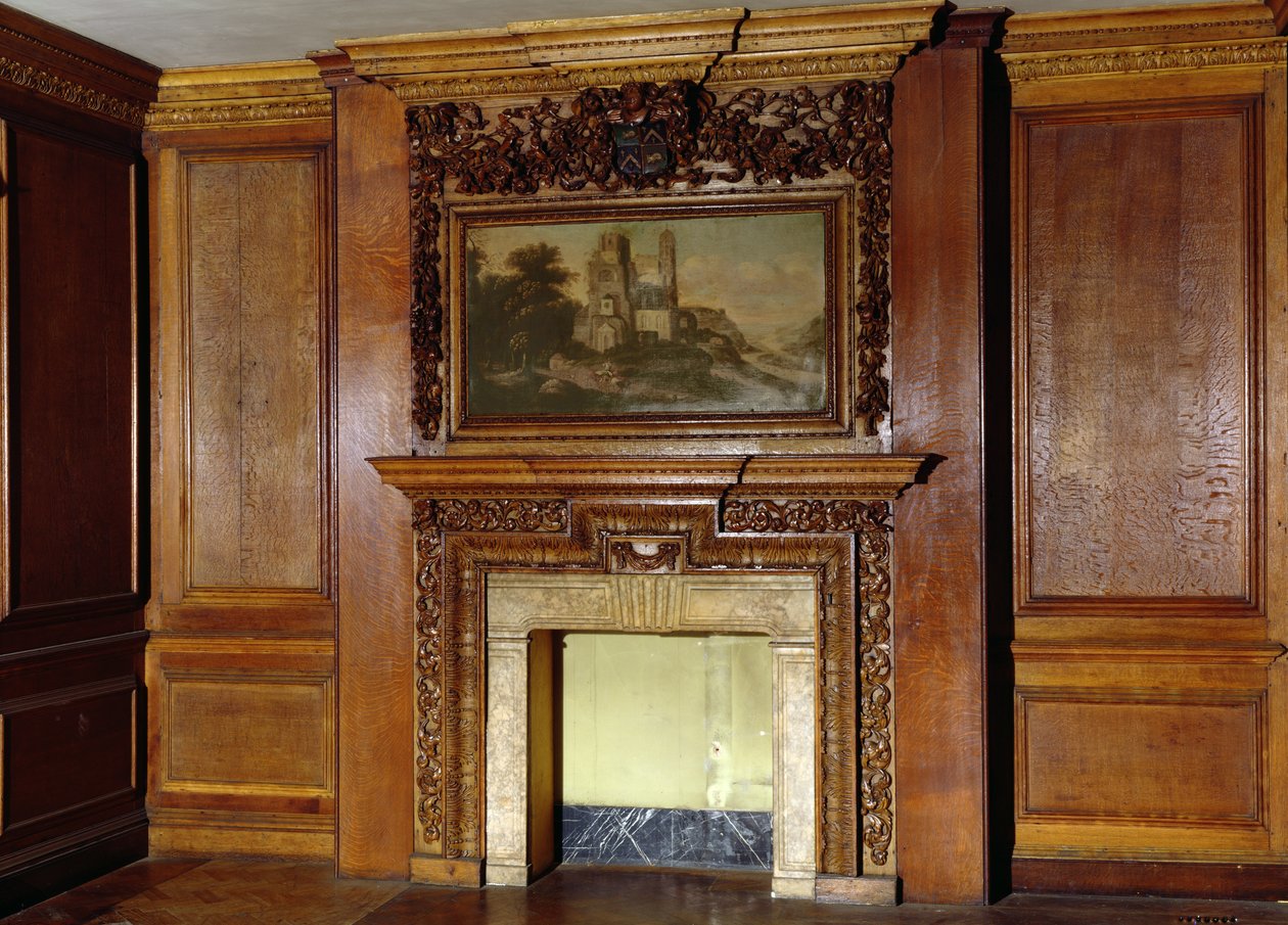 Panel og skorsteinsstykke fra det gamle palasset, Bromley-by-Bow, ca. 1605 av English School