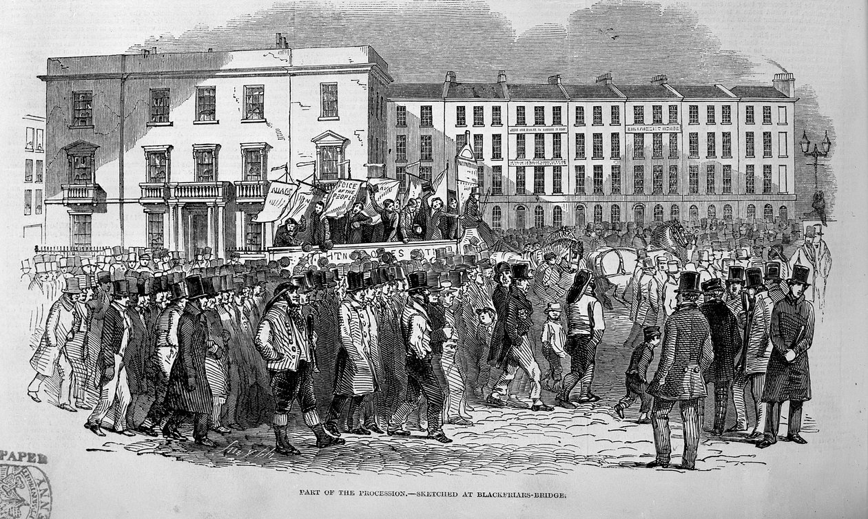 En del av Chartist Procession skissert ved Blackfriars Bridge, 10. april 1848 av English School