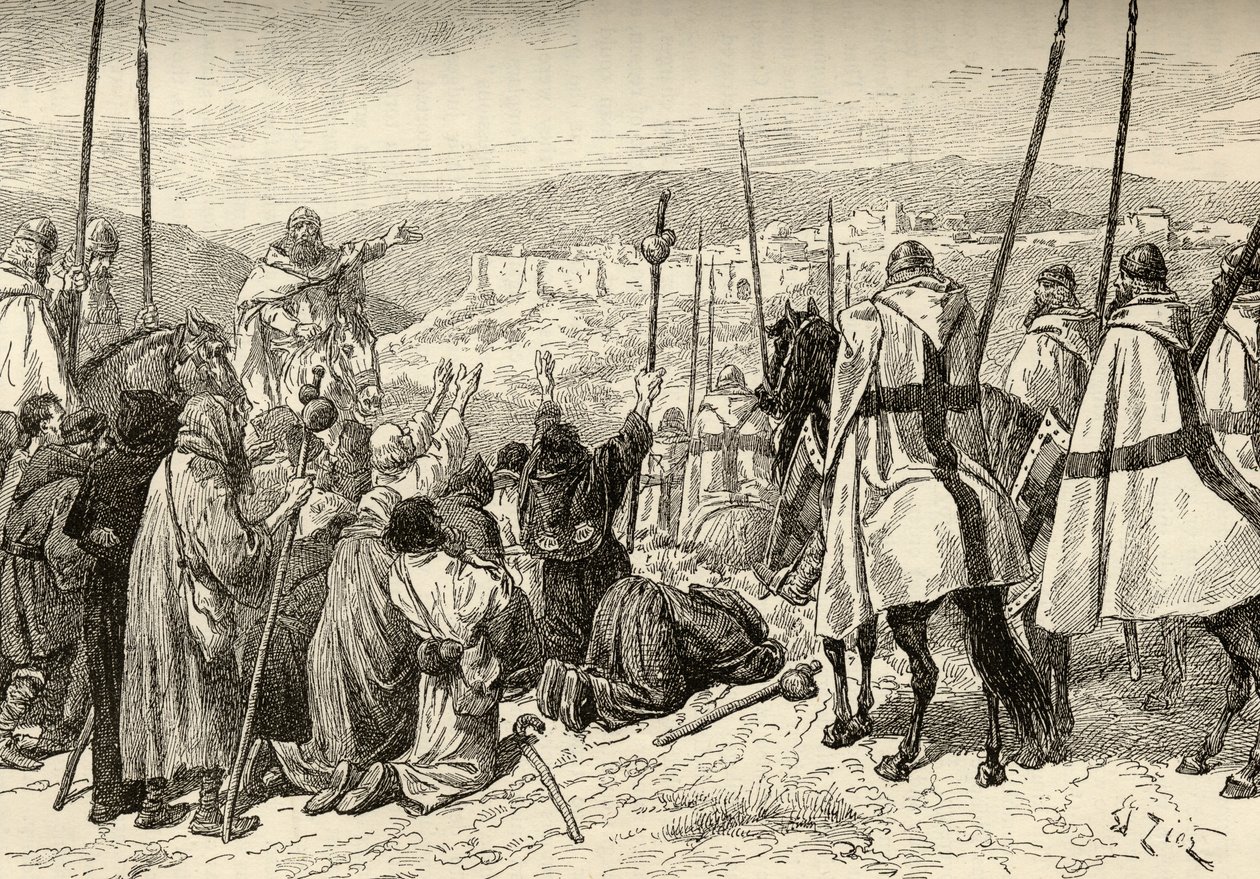Pilegrimer under eskorte av tempelriddere foran Jerusalem på 1100-tallet av English School