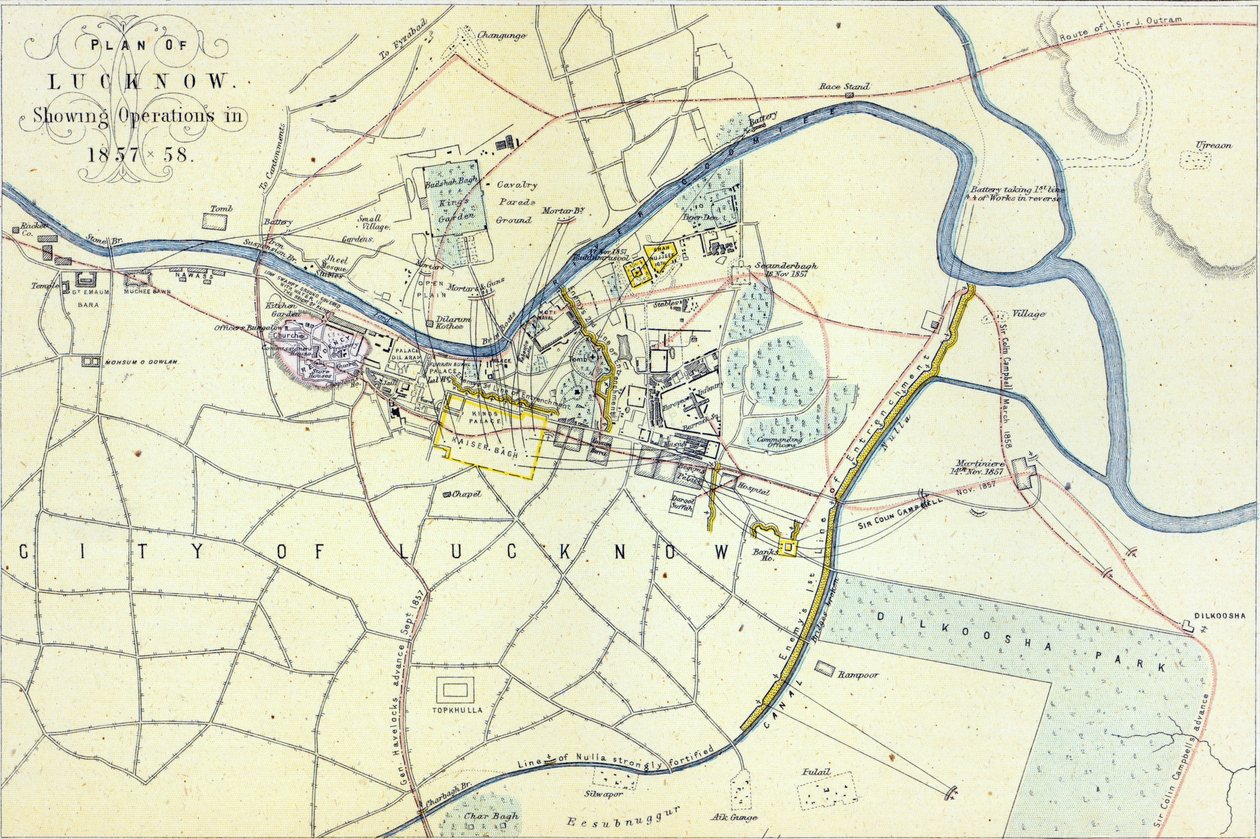 Plan of Lucknow som viser operasjoner i 1857-58, pub. av William Mackenzie, ca. 1860 av English School