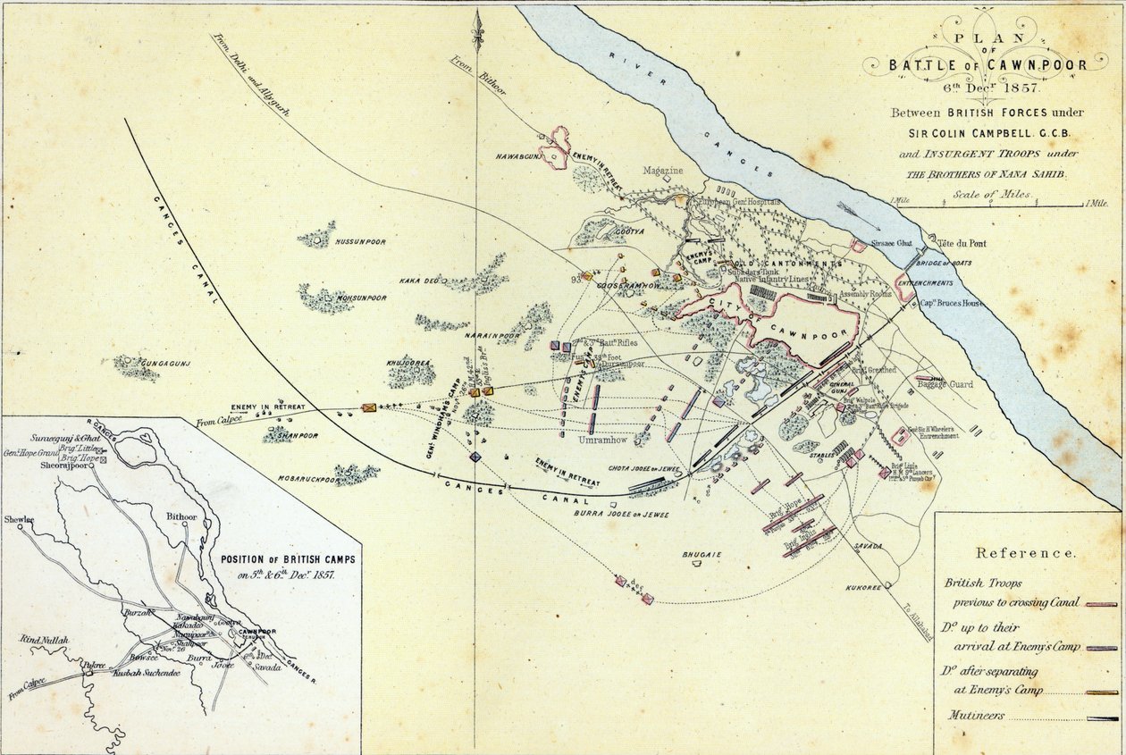 Plan for slaget ved Cawnpoor, 6. desember 1857, gravert av Guyot und Wood, pub. av William Mackenzie, ca. 1860 av English School