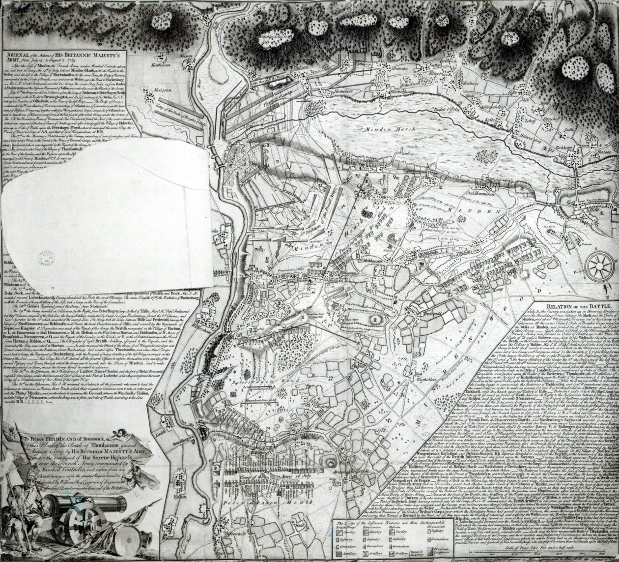 Plan for slaget ved Minden, tegnet av kaptein William Roy og gravert av Thomas Major, 1760 av English School