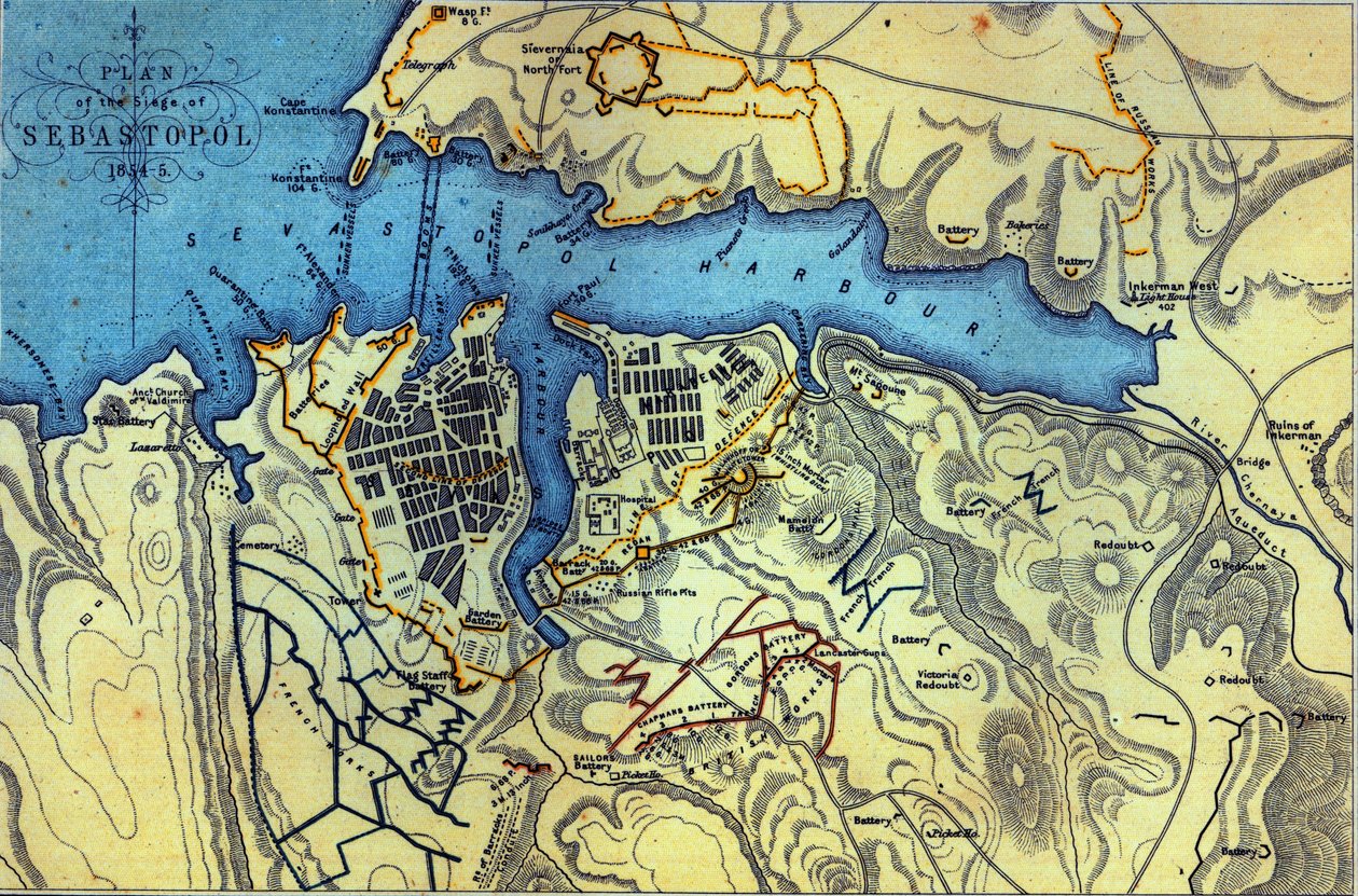 Plan for beleiringen av Sebastopol 1854-55, gravert av Robert Walker, pub. William Mackenzie, ca. 1860 av English School