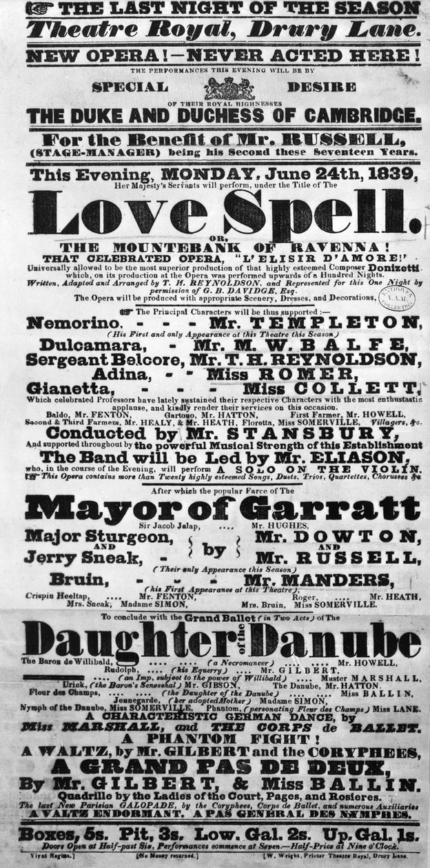 Playbill kunngjør en forestilling av 