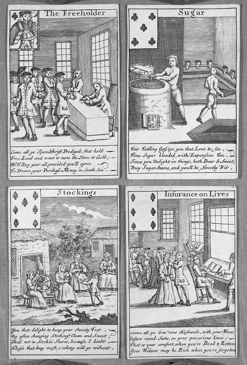Spillekort som viser nåværende kommersielle satsinger, ca. 1720 (trykk) av English School