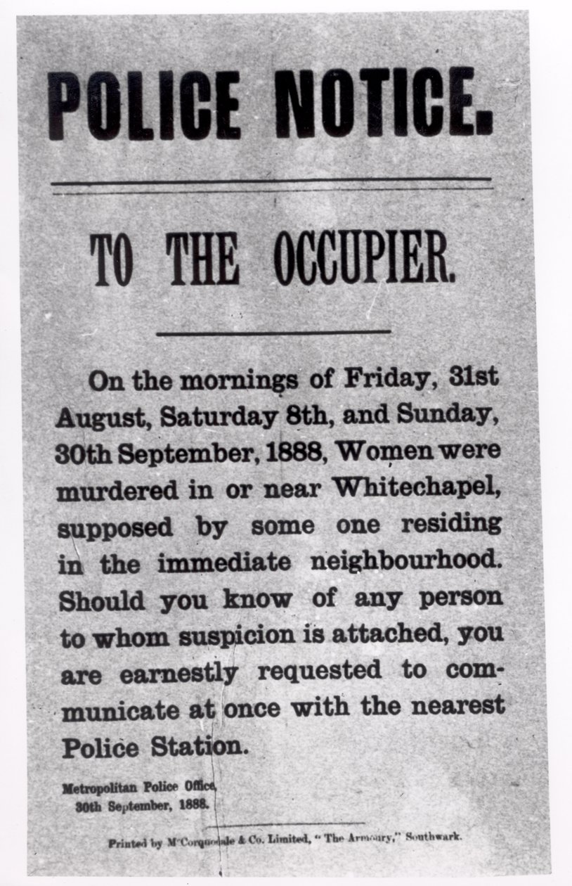 Politimelding til okkupanten vedrørende mord i Whitechapel, 30. september 1888 (utskrift) av English School