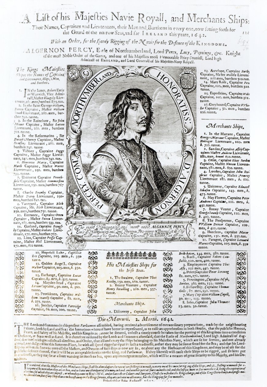 Portrett av Algernon Percy, tiende jarl av Northumberland (1602-68) ledsaget av en liste over hans Majestets Royal Navy, 1642 av English School