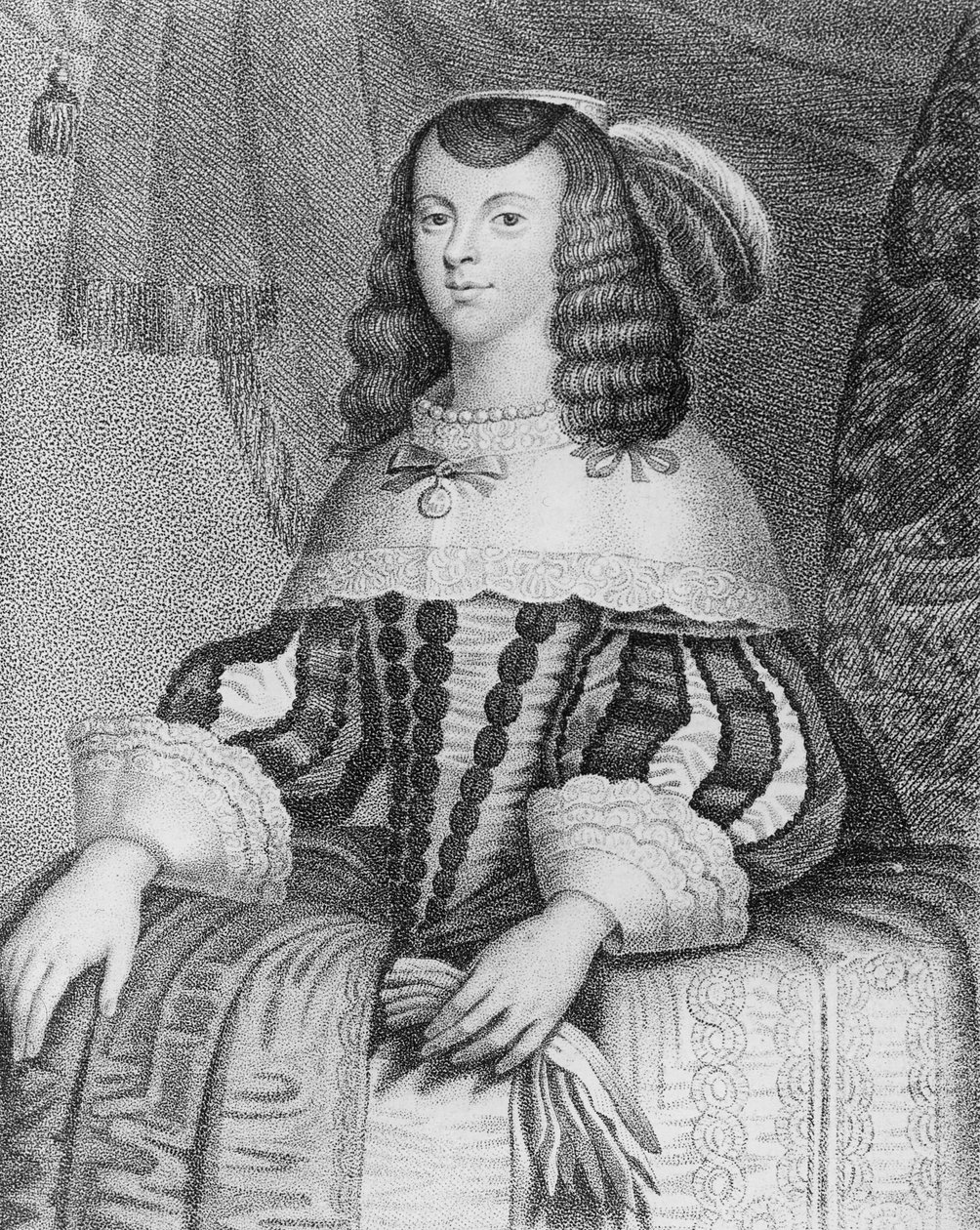 Portrett av Catharine av Braganza (1638-1705) gravert av Freeman av English School