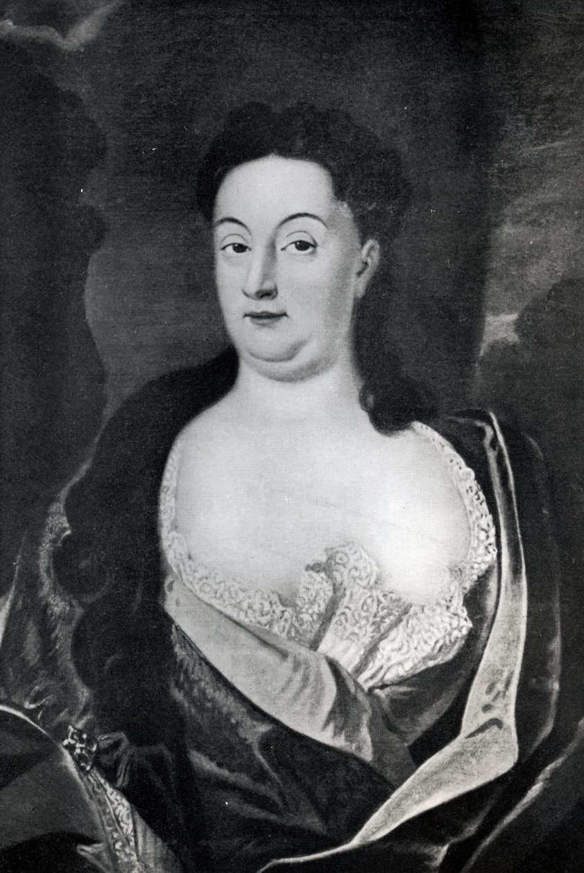 Portrett av grevinne Ehrengard Melusina von der Schulenburg, hertuginne av Kendal (1667-1743) av English School