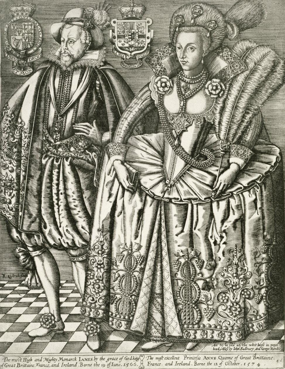 Portrett av James I (1566-1625) og Anne av Danmark (1574-1619) tittelside fra Kongenes bok, gravert av Renold Elstrack (1571-c.1630) 1618 av English School