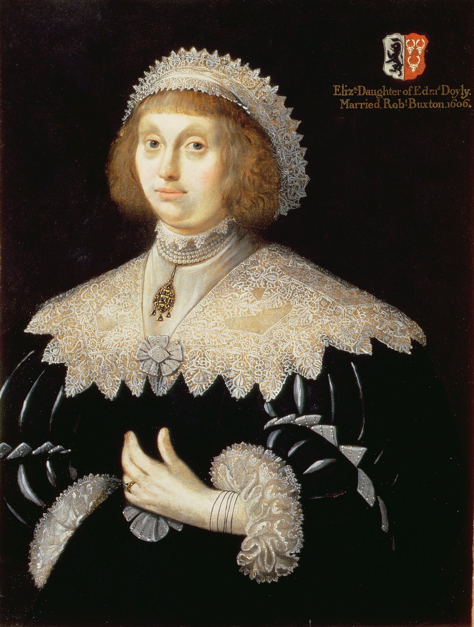 Portrett av Margaret Conyers (Mrs John Buxton av Tibenham) ca. 1640 av English School