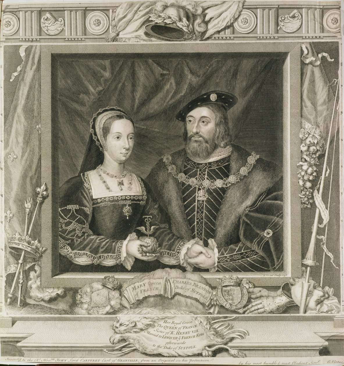 Portrett av Mary (1496-1533) Dronning av Frankrike, og Charles Brandon (d.1545) hertug av Suffolk, gravert av George Vertue (1684-1756) 1748 (se også 136496) av English School